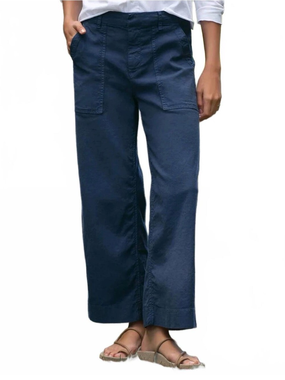 Frank & Eileen Wexford Pant Womens 12 Navy Linen Blend Wide Leg Cropped USA Made